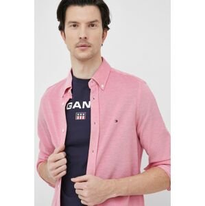 Bavlněné tričko Tommy Hilfiger červená barva, slim, s límečkem button-down