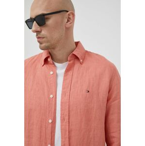 Plátěná košile Tommy Hilfiger růžová barva, regular, s límečkem button-down