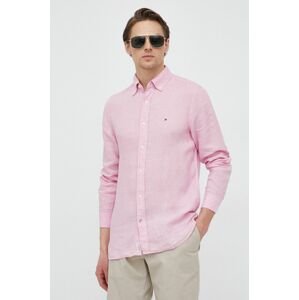 Plátěná košile Tommy Hilfiger růžová barva, regular, s límečkem button-down