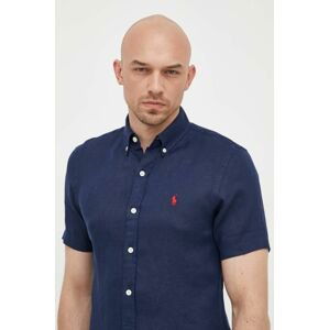 Plátěná košile Polo Ralph Lauren tmavomodrá barva, slim, s límečkem button-down