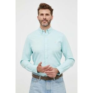 Bavlněné tričko Polo Ralph Lauren tyrkysová barva, slim, s límečkem button-down