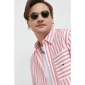 Košile s příměsí lnu Tommy Jeans růžová barva, relaxed, s klasickým límcem