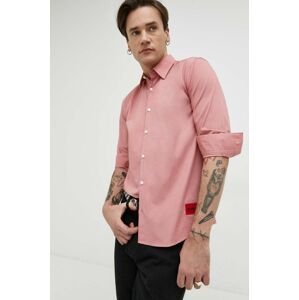 Košile HUGO pánská, růžová barva, slim, s klasickým límcem