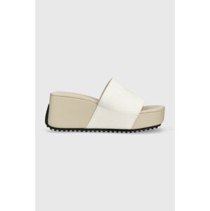 Semišové pantofle Calvin Klein Jeans WEDGE BLOCK SANDAL SU CON dámské, béžová barva, na klínku, YW0YW01015