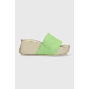 Semišové pantofle Calvin Klein Jeans WEDGE BLOCK SANDAL SU CON dámské, zelená barva, na klínku, YW0YW01015