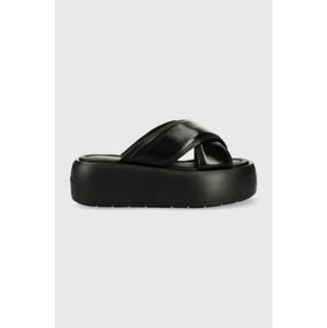 Kožené pantofle Calvin Klein BUBBLE SLIDE - PAT dámské, černá barva, na platformě, HW0HW01469