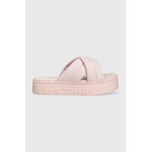 Pantofle Tommy Jeans dámské, růžová barva, na platformě, EN0EN02116