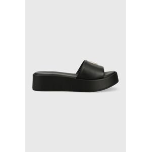 Kožené pantofle Tommy Hilfiger TH SLIP ON SANDAL FLATFORM dámské, černá barva, na platformě, FW0FW07243