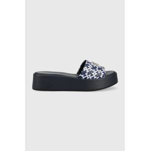 Kožené pantofle Tommy Hilfiger TH SLIP ON SANDAL FLATFORM MONO dámské, tmavomodrá barva, na platformě, FW0FW07244