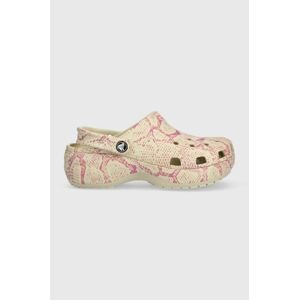 Pantofle Crocs Classic Platform Snake Print Clog dámské, béžová barva, na platformě, 208231