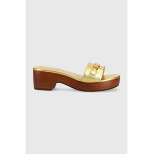 Kožené pantofle Lauren Ralph Lauren ROXANNE dámské, zlatá barva, na podpatku, 802900076001