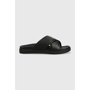 Kožené pantofle Calvin Klein CRISS CROSS SANDAL LTH pánské, černá barva, HM0HM01069