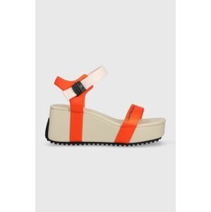 Sandály Calvin Klein Jeans WEDGE BLCOK SANDAL SATIN/HW dámské, oranžová barva, na platformě, YW0YW00980