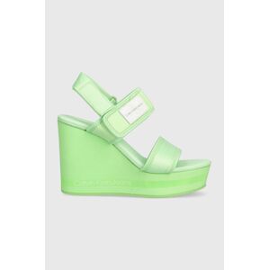 Sandály Calvin Klein Jeans WEDGE SANDAL BADGE dámské, zelená barva, na klínku, YW0YW01028