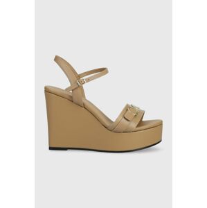 Kožené sandály Calvin Klein WEDGE 70HH W/HW dámské, béžová barva, na klínku, HW0HW01485