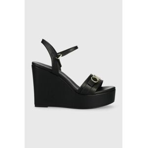 Kožené sandály Calvin Klein WEDGE 70HH W/HW dámské, černá barva, na klínku, HW0HW01485