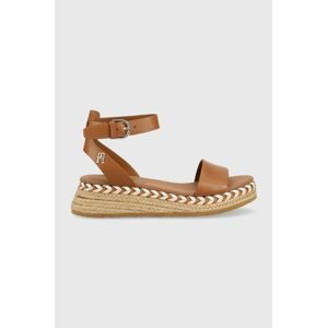 Kožené sandály Tommy Hilfiger LOW WEDGE SANDAL dámské, hnědá barva, na platformě