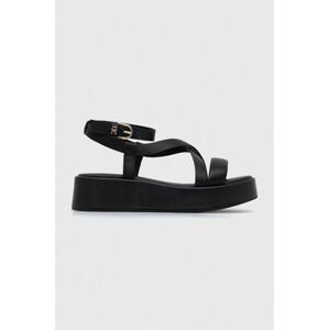 Kožené sandály Tommy Hilfiger NEW FLATFORM STRAP dámské, černá barva, na platformě