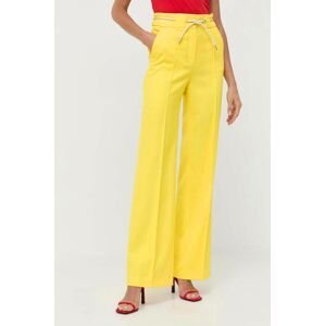 Kalhoty BOSS dámské, žlutá barva, široké, high waist