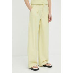 Kalhoty s příměsí vlny Gestuz žlutá barva, široké, high waist
