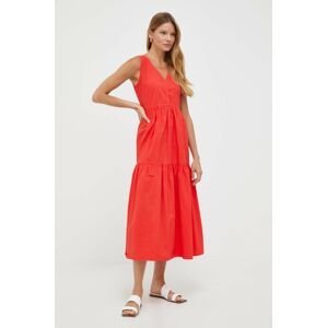 Bavlněné šaty BOSS červená barva, maxi
