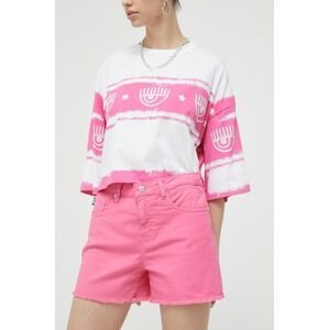 Džínové šortky Love Moschino dámské, růžová barva, hladké, high waist