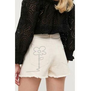 Džínové šortky Guess x Banksy dámské, béžová barva, s potiskem, high waist