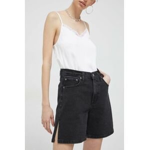 Džínové šortky Abercrombie & Fitch dámské, černá barva, hladké, high waist