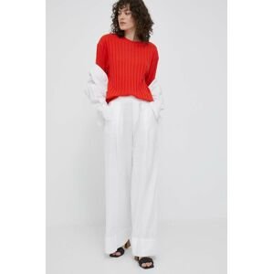 Plátěné kalhoty United Colors of Benetton bílá barva, široké, high waist