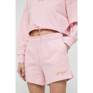 Bavlněné šortky HUGO růžová barva, s potiskem, high waist