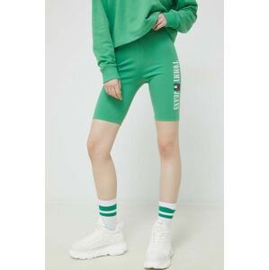 Kraťasy Tommy Jeans dámské, zelená barva, s aplikací, high waist