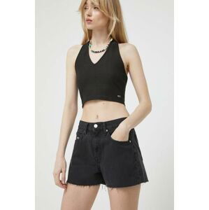 Džínové šortky Tommy Jeans dámské, černá barva, hladké, high waist