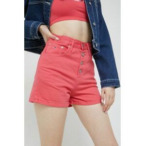 Džínové šortky Tommy Jeans dámské, růžová barva, hladké, high waist