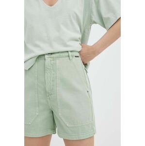 Džínové šortky G-Star Raw dámské, zelená barva, hladké, high waist