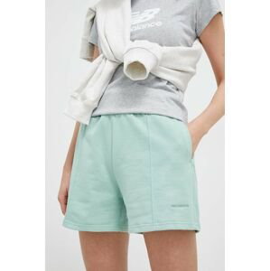 Bavlněné šortky New Balance zelená barva, hladké, high waist