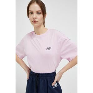 Bavlněné tričko New Balance růžová barva