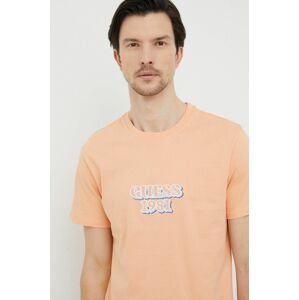 Bavlněné tričko Guess oranžová barva, s aplikací