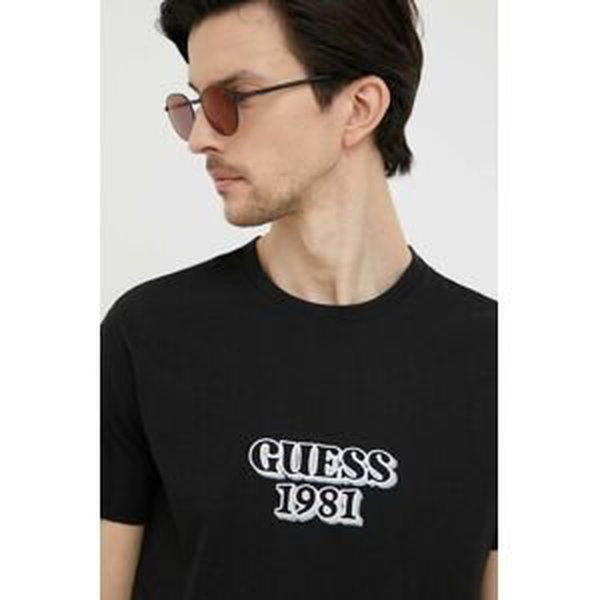 Bavlněné tričko Guess černá barva, s aplikací