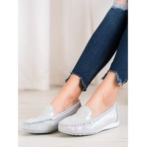 Trendy dámské šedo-stříbrné  mokasíny bez podpatku