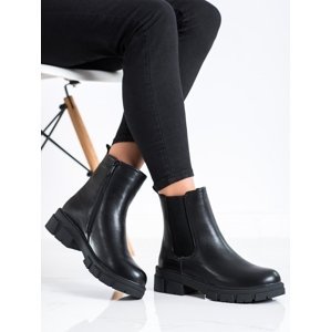 Luxusní  kotníčkové boty dámské černé na plochém podpatku