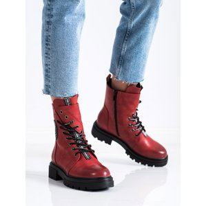 Trendy červené dámské  kotníčkové boty na plochém podpatku