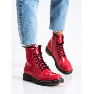 Praktické dámské červené  kotníčkové boty na plochém podpatku