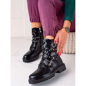 Jedinečné  kotníčkové boty dámské černé na plochém podpatku