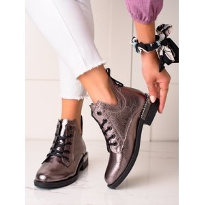 Luxusní  kotníčkové boty dámské šedo-stříbrné na plochém podpatku