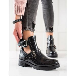 Moderní dámské  kotníčkové boty černé na plochém podpatku