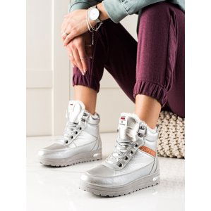 Jedinečné dámské šedo-stříbrné  kotníčkové boty bez podpatku