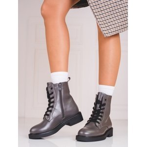 Krásné  kotníčkové boty dámské šedo-stříbrné na plochém podpatku