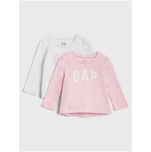 Růžové a bílé holčičí tričko s dlouhým rukávem - 2 pack GAP Logo