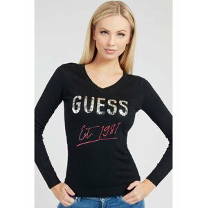 Černý dámský svetr s nápisem s ozdobnými detaily Guess Logo V Neck