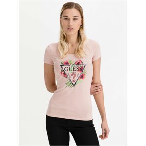 Světle růžové dámské tričko s potiskem Guess Rebeca Tee